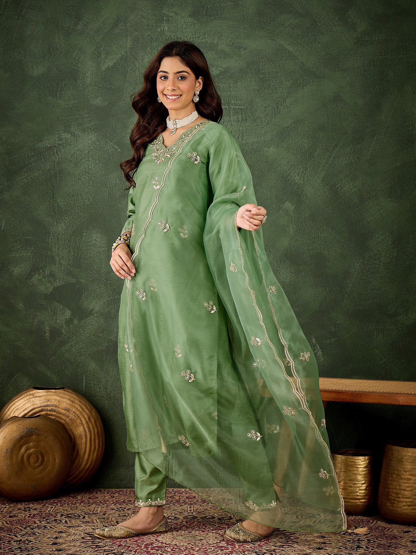 Dhiyona VV Qaushi Women Kurta and Pant Dupatta Sets Silk Blend Fabrics with Embroidery