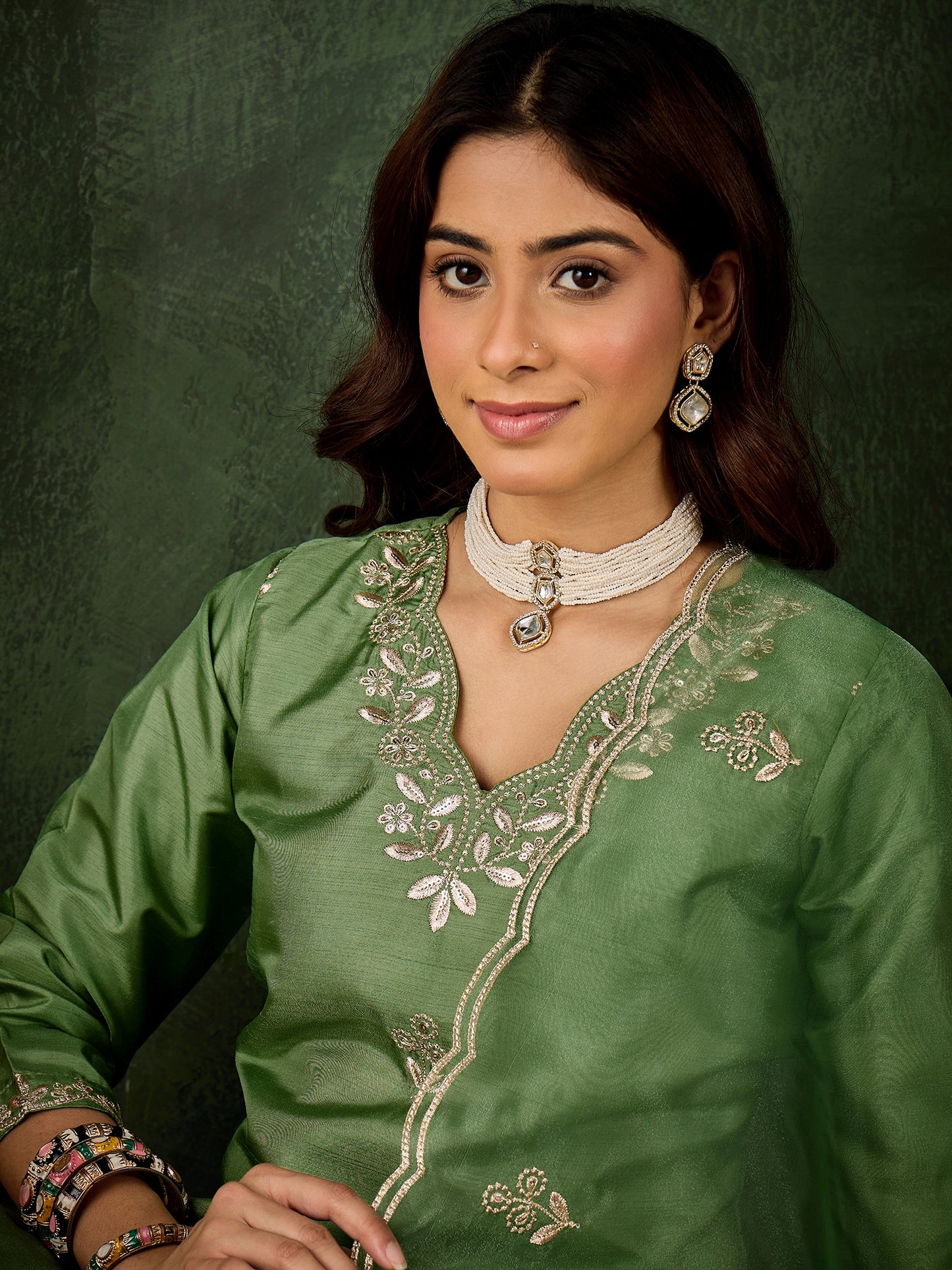 Dhiyona VV Qaushi Women Kurta and Pant Dupatta Sets Silk Blend Fabrics with Embroidery