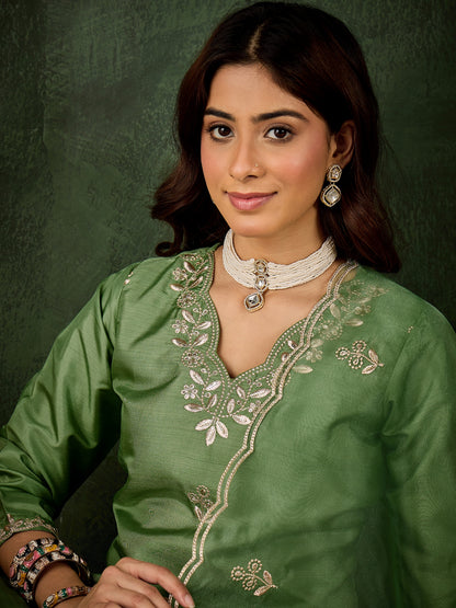 Dhiyona VV Qaushi Women Kurta and Pant Dupatta Sets Silk Blend Fabrics with Embroidery