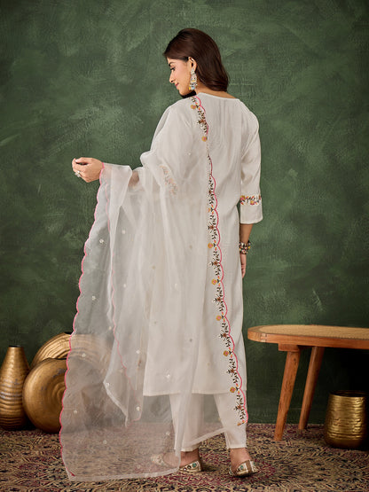 Dhiyona VV Ravina White Women Floral Embroidered Regular Kurta with Trousers & Dupatta Suit Sets