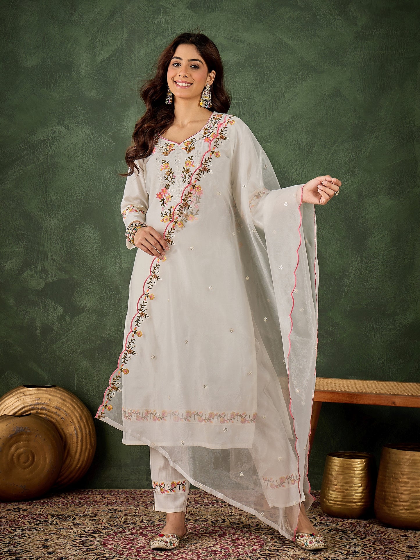 Dhiyona VV Ravina White Women Floral Embroidered Regular Kurta with Trousers & Dupatta Suit Sets