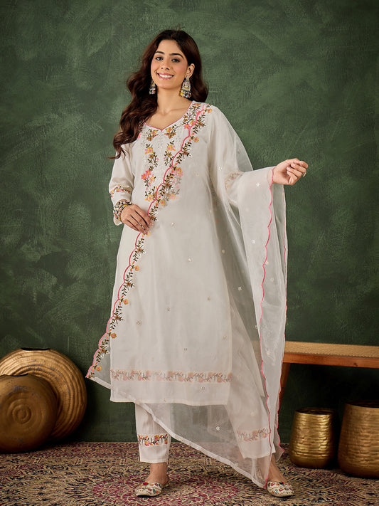 Dhiyona VV Ravina White Women Floral Embroidered Regular Kurta with Trousers & Dupatta Suit Sets