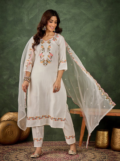Dhiyona VV Ravina White Women Floral Embroidered Regular Kurta with Trousers & Dupatta Suit Sets