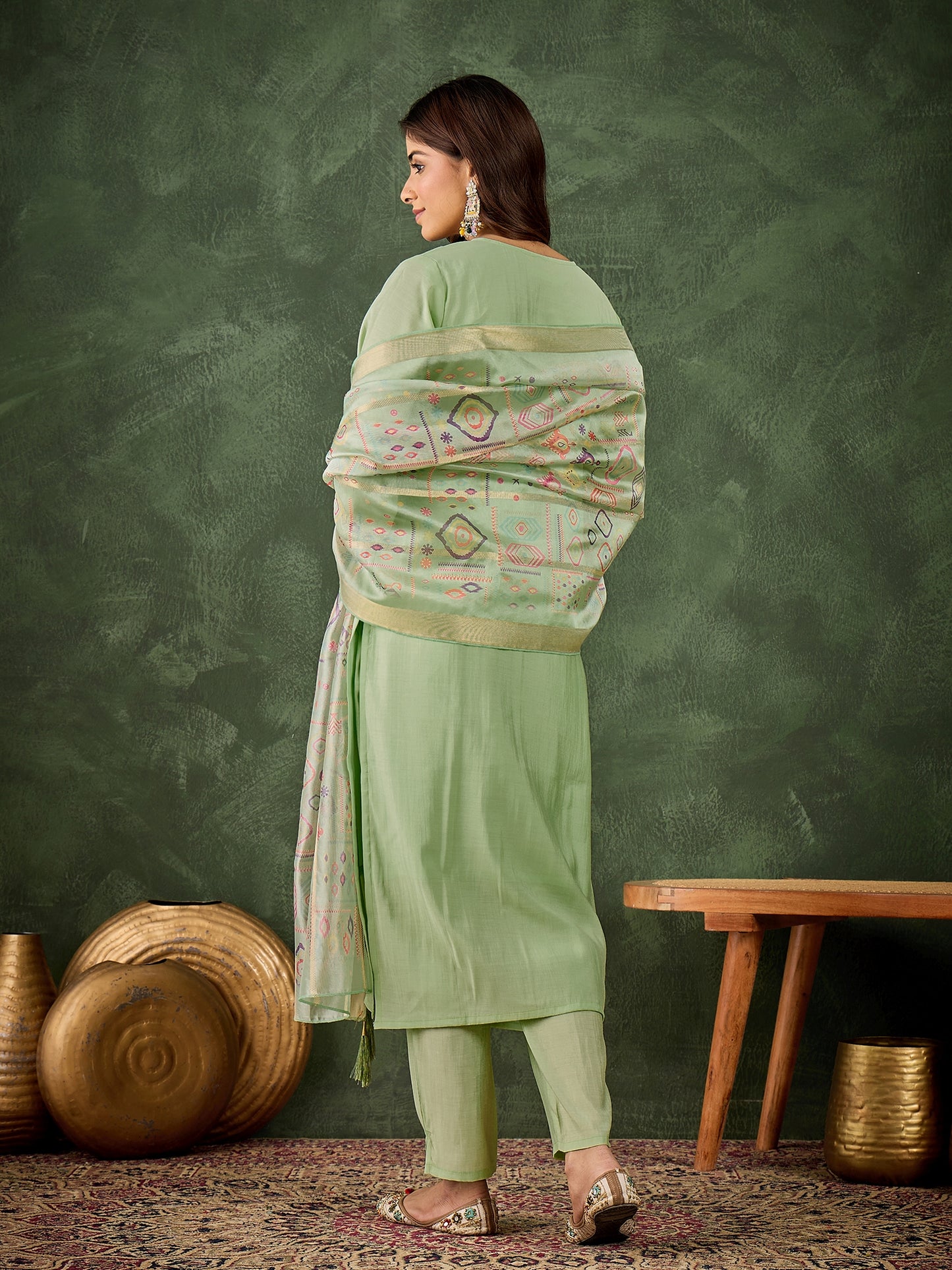 Dhiyona VV Sashi Women's Embroidered Sea Green Silk Blend Straight Suit Set with Dupatta
