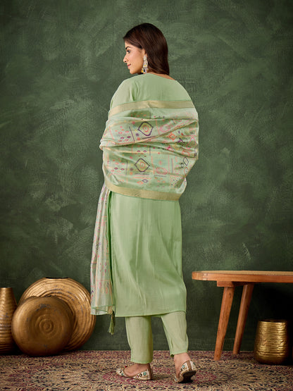 Dhiyona VV Sashi Women's Embroidered Sea Green Silk Blend Straight Suit Set with Dupatta