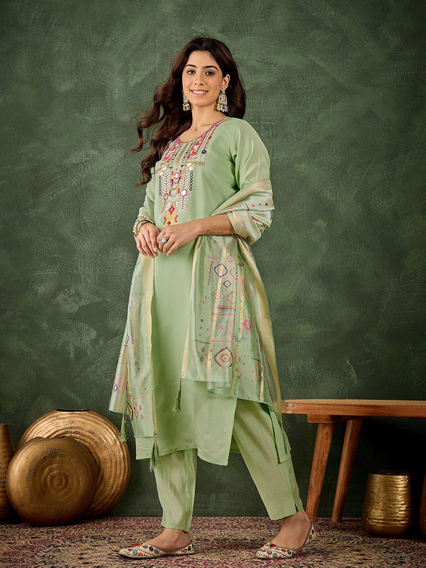 Dhiyona VV Sashi Women's Embroidered Sea Green Silk Blend Straight Suit Set with Dupatta