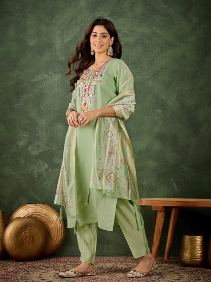 Dhiyona VV Sashi Women's Embroidered Sea Green Silk Blend Straight Suit Set with Dupatta