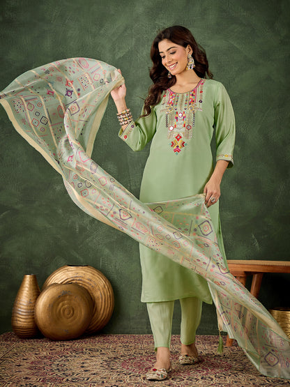 Dhiyona VV Sashi Women's Embroidered Sea Green Silk Blend Straight Suit Set with Dupatta