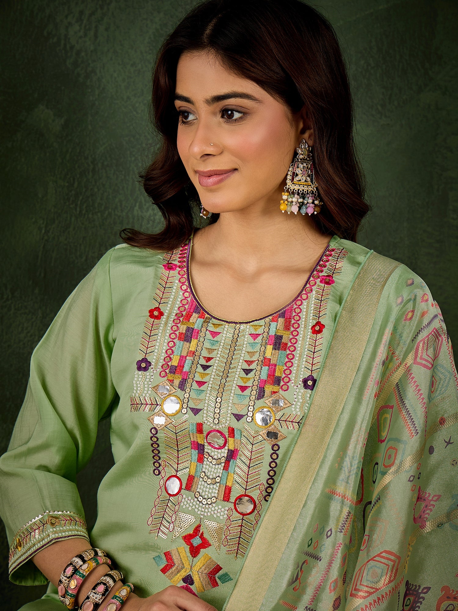 Dhiyona VV Sashi Women's Embroidered Sea Green Silk Blend Straight Suit Set with Dupatta