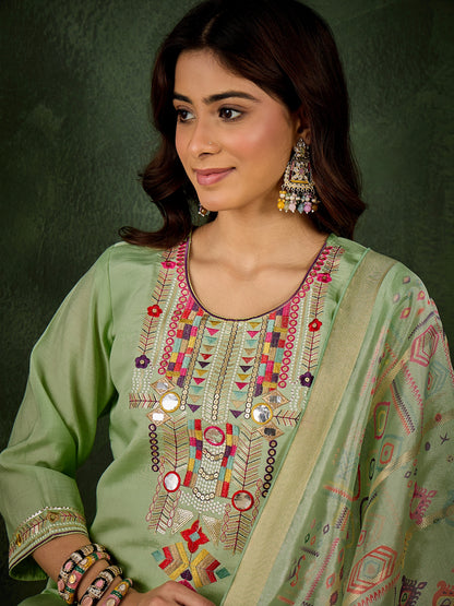 Dhiyona VV Sashi Women's Embroidered Sea Green Silk Blend Straight Suit Set with Dupatta