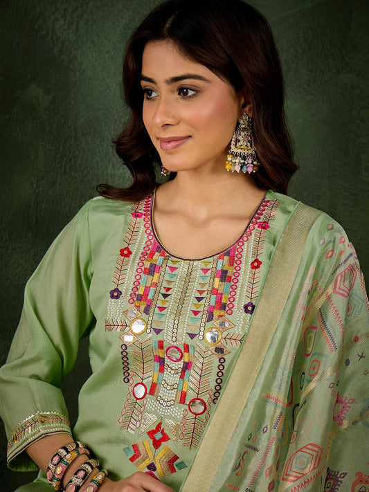 Dhiyona VV Sashi Women's Embroidered Sea Green Silk Blend Straight Suit Set with Dupatta