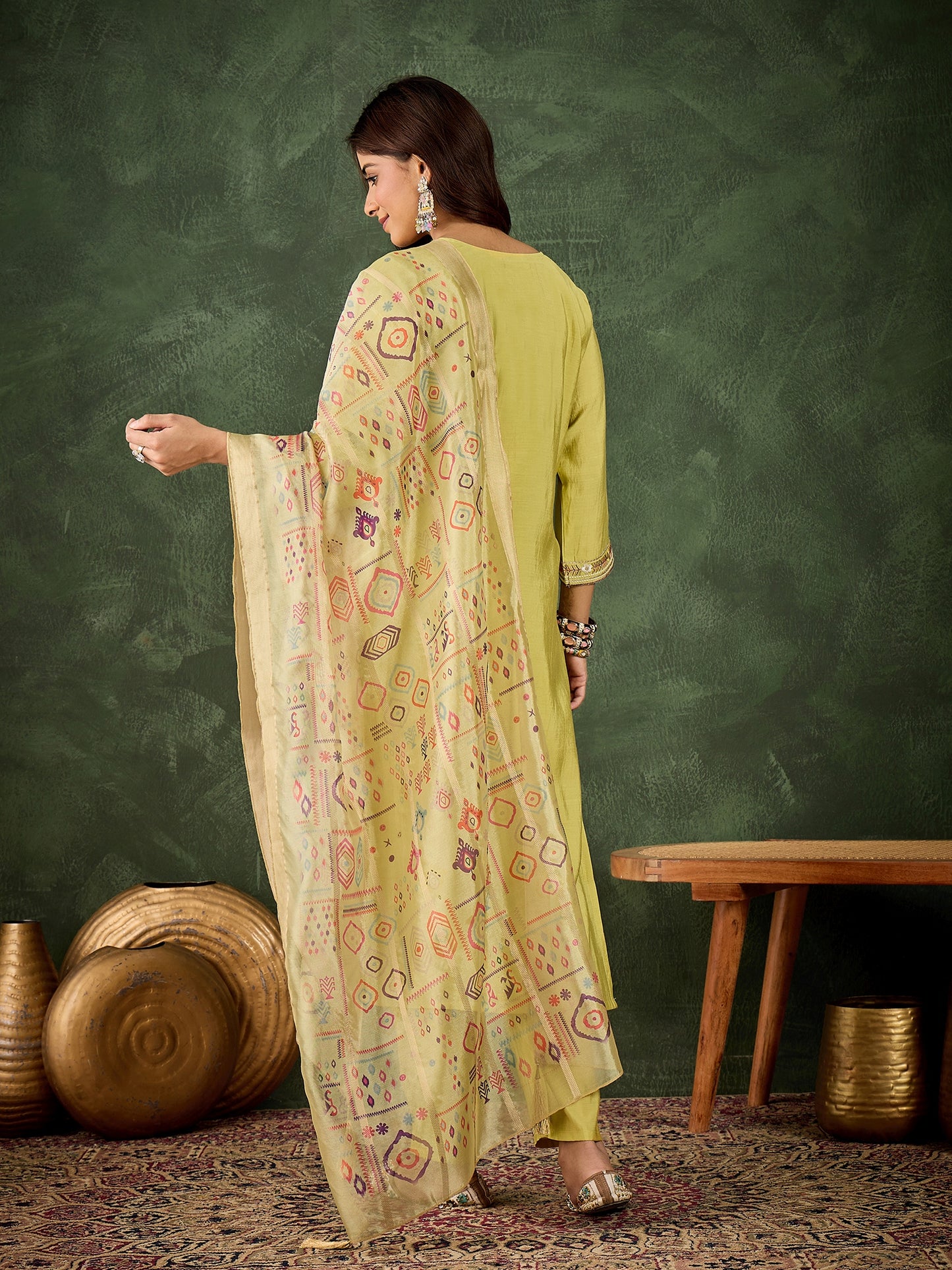 Dhiyona VV Pushti Women's Embroidered Yellow Silk Blend Straight Suit Set with Dupatta