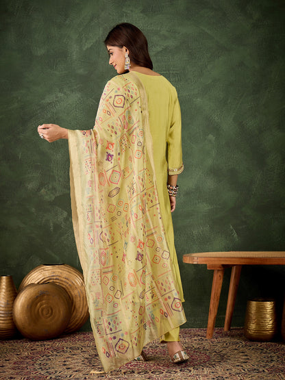 Dhiyona VV Pushti Women's Embroidered Yellow Silk Blend Straight Suit Set with Dupatta
