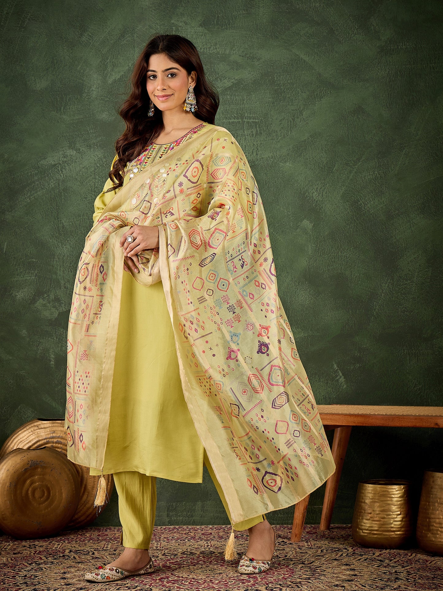 Dhiyona VV Pushti Women's Embroidered Yellow Silk Blend Straight Suit Set with Dupatta