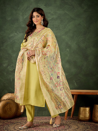 Dhiyona VV Pushti Women's Embroidered Yellow Silk Blend Straight Suit Set with Dupatta