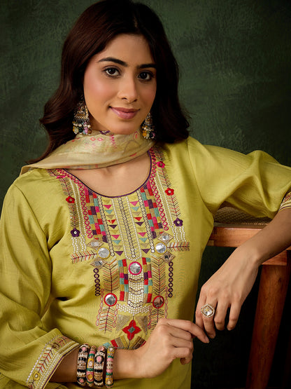 Dhiyona VV Pushti Women's Embroidered Yellow Silk Blend Straight Suit Set with Dupatta