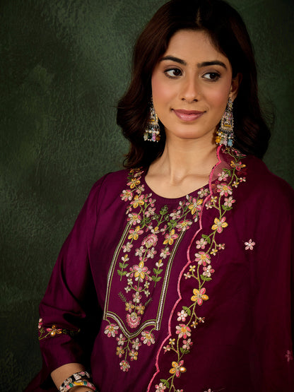 Dhiyona VV Sakshi Purple Women Floral Embroidered Regular Kurta with Trousers & With Dupatta