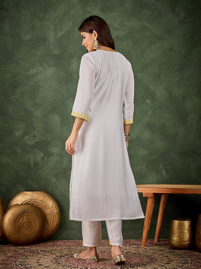 Dhiyona VV Baani Women's Silk Blend Embroidered Straight Kurta & Pant Set