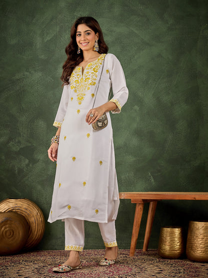 Dhiyona VV Baani Women's Silk Blend Embroidered Straight Kurta & Pant Set