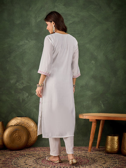 Dhiyona VV Vrinda Women's Silk Blend Embroidered Straight Kurta & Pant Set