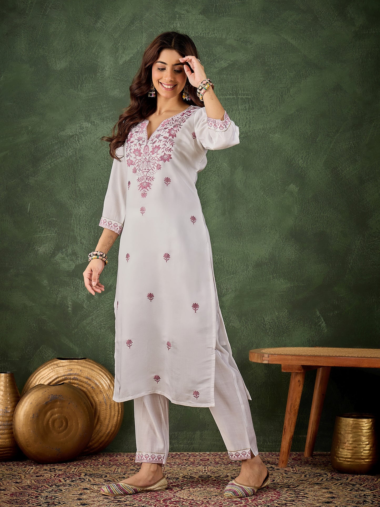 Dhiyona VV Vrinda Women's Silk Blend Embroidered Straight Kurta & Pant Set