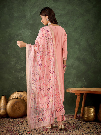 Dhiyona VV Nidhi Women's Embroidered Pink Silk Blend Straight Suit Set with Dupatta