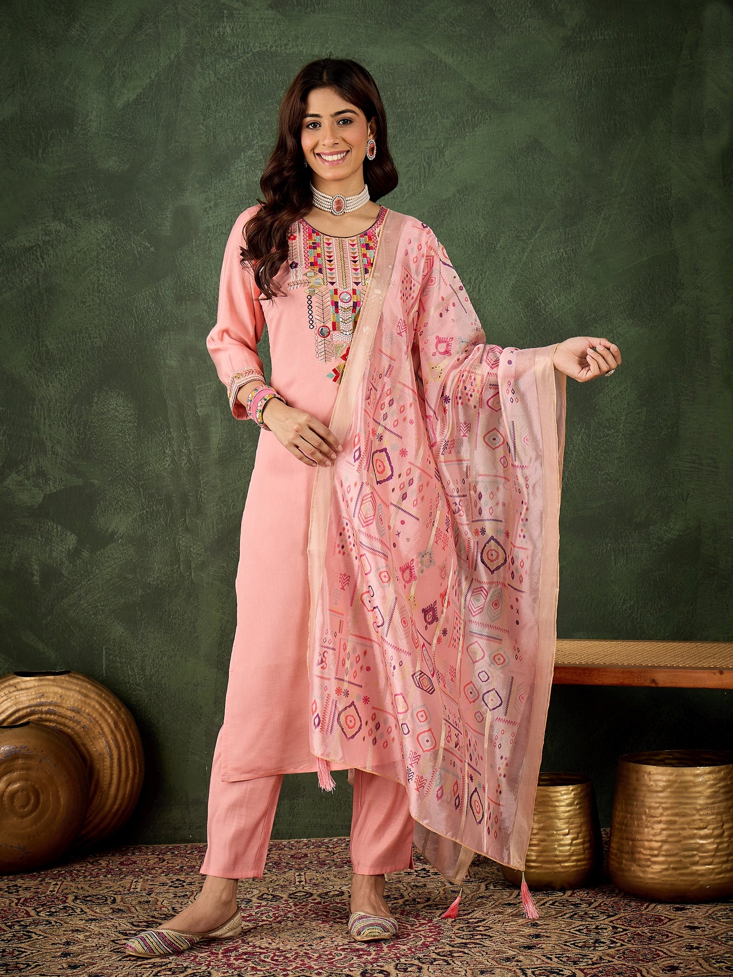 Dhiyona VV Nidhi Women's Embroidered Pink Silk Blend Straight Suit Set with Dupatta