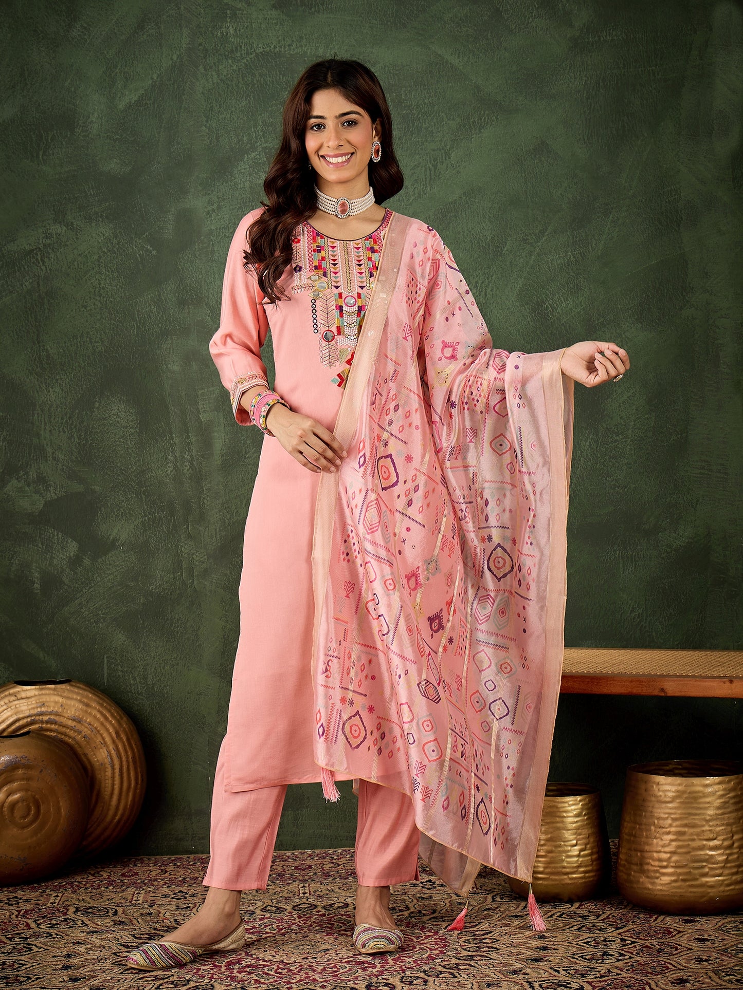 Dhiyona VV Nidhi Women's Embroidered Pink Silk Blend Straight Suit Set with Dupatta