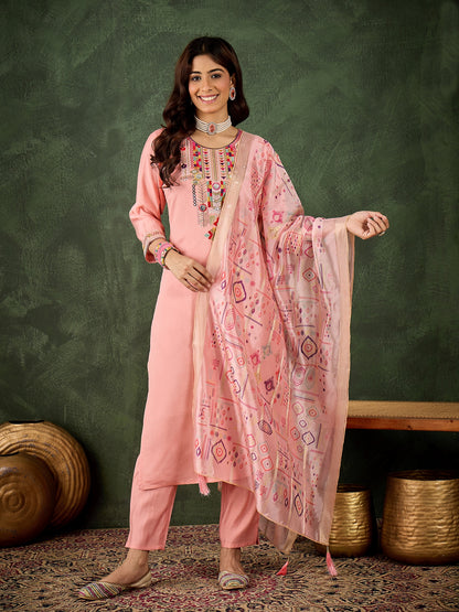 Dhiyona VV Nidhi Women's Embroidered Pink Silk Blend Straight Suit Set with Dupatta