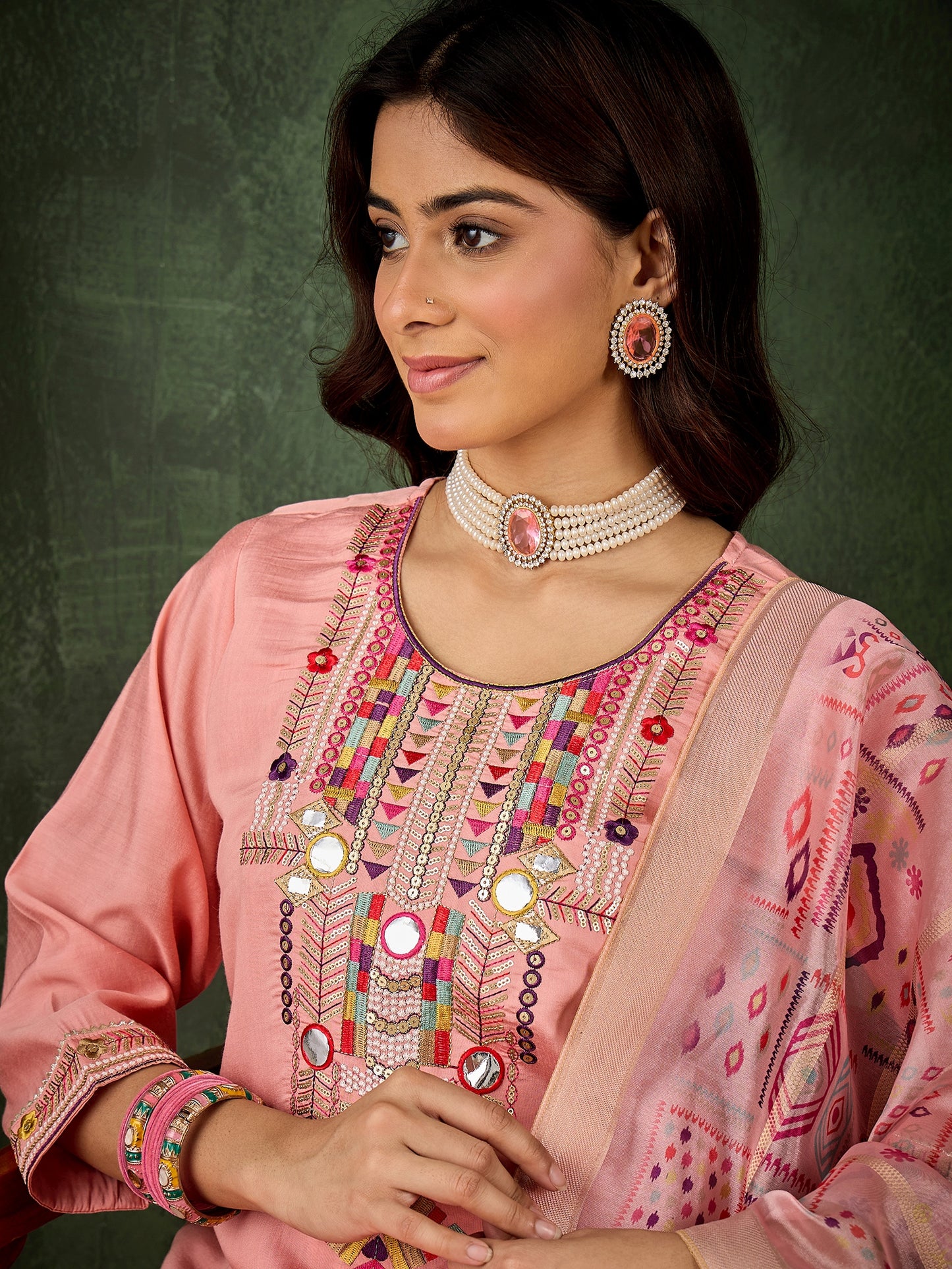 Dhiyona VV Nidhi Women's Embroidered Pink Silk Blend Straight Suit Set with Dupatta