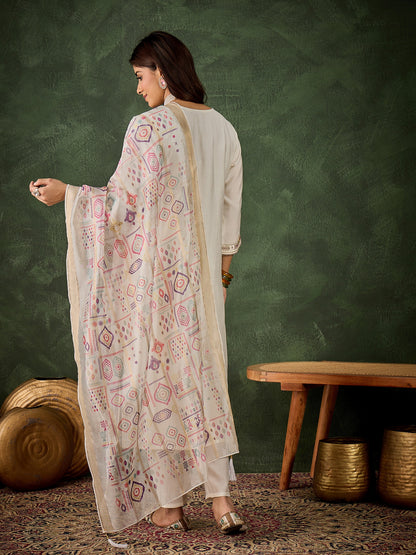 Dhiyona VV Vasanti Women's Embroidered White Silk Blend Straight Suit Set with Dupatta