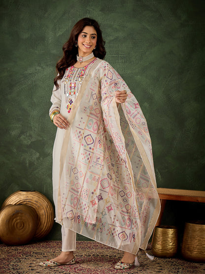 Dhiyona VV Vasanti Women's Embroidered White Silk Blend Straight Suit Set with Dupatta