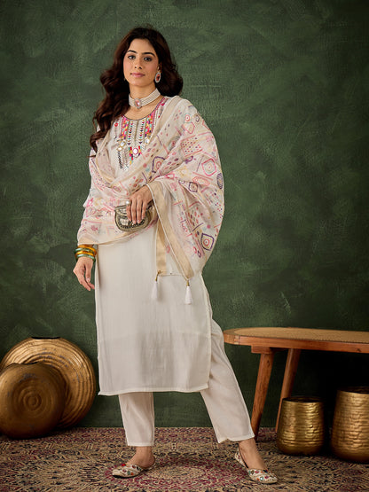 Dhiyona VV Vasanti Women's Embroidered White Silk Blend Straight Suit Set with Dupatta