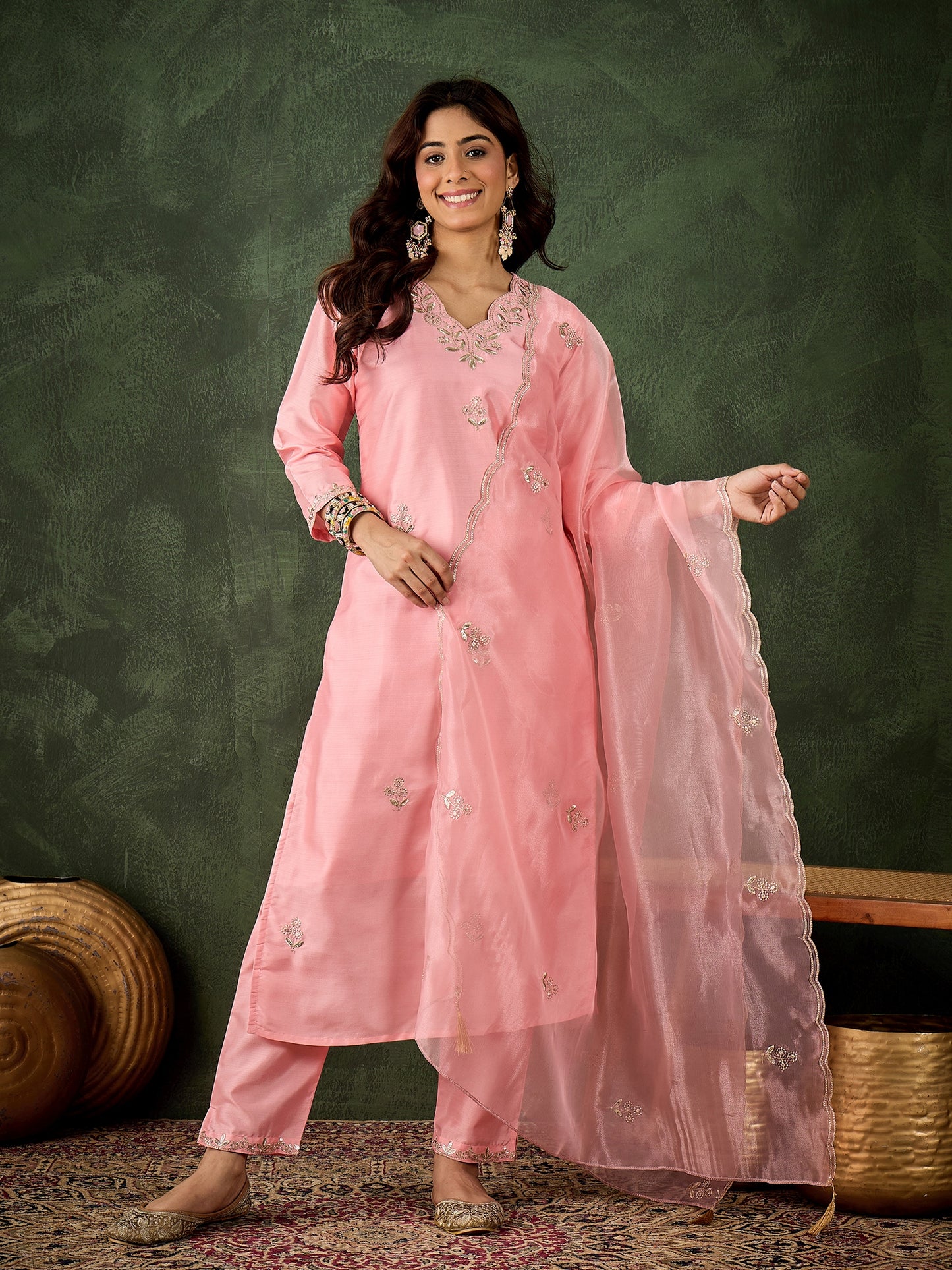 Dhiyona VV Mokosh Women Kurta and Pant Dupatta Sets Silk Blend Fabrics with Embroidery