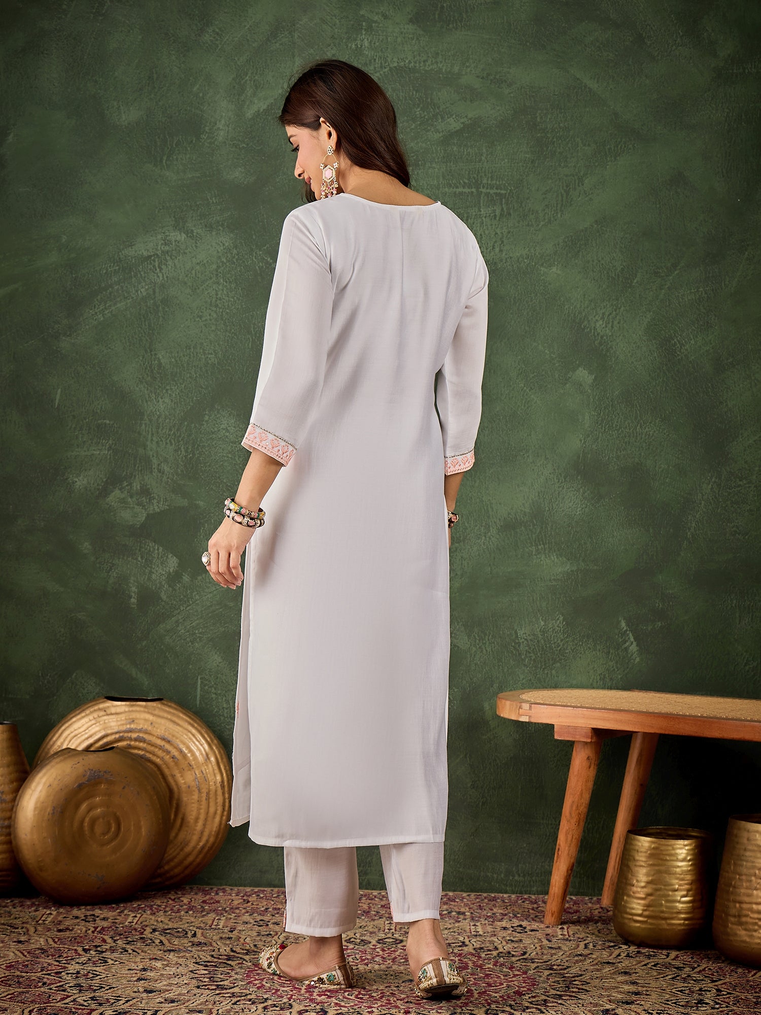 Dhiyona VV Dhanu Women's Silk Blend Embroidered Straight Kurta & Pant Set