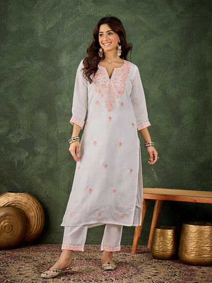 Dhiyona VV Dhanu Women's Silk Blend Embroidered Straight Kurta & Pant Set