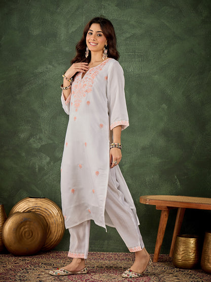 Dhiyona VV Dhanu Women's Silk Blend Embroidered Straight Kurta & Pant Set