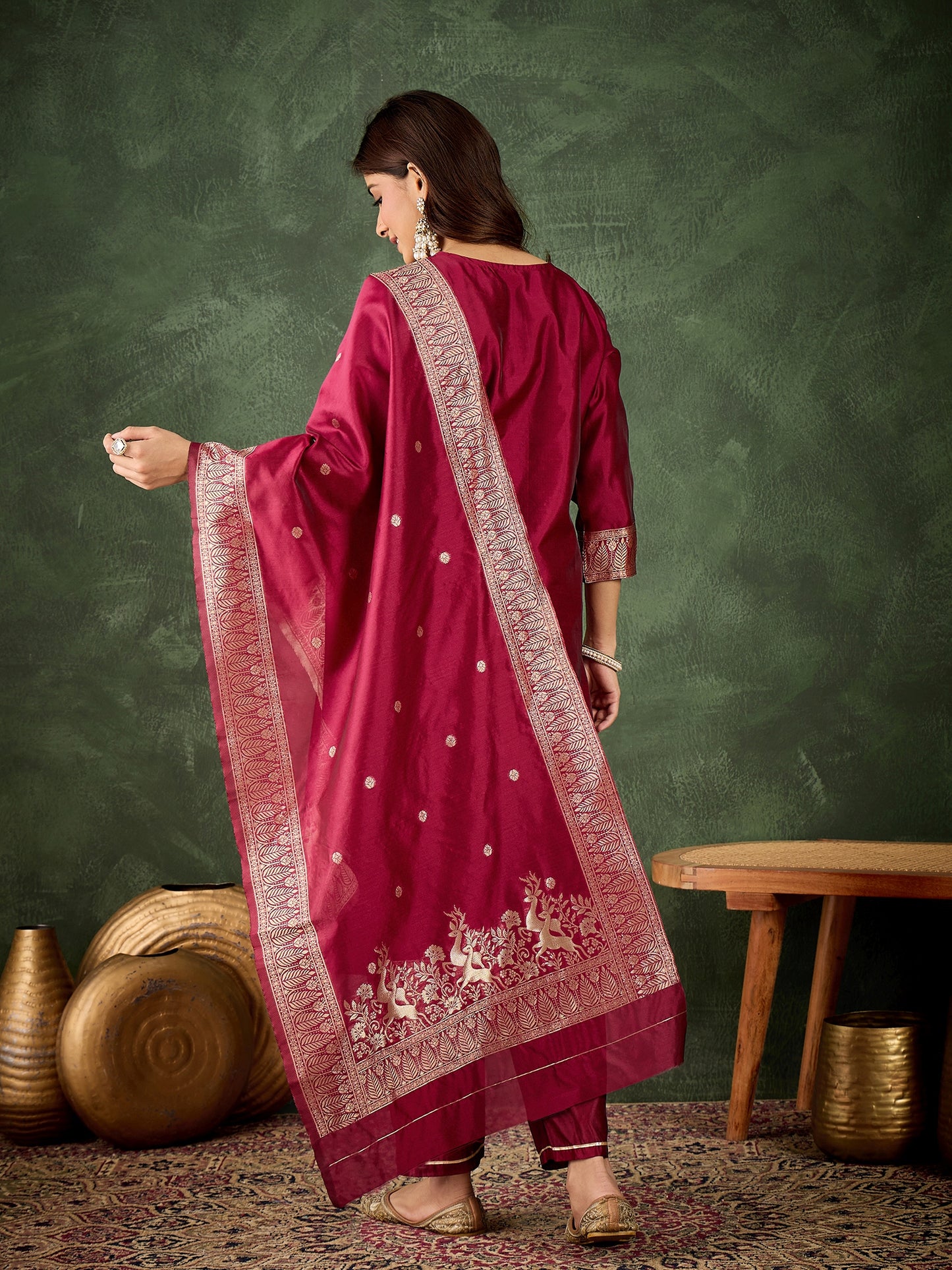 Dhiyona VV Roop Women's Silk Blend Banarasi Jacquard Zari Woven Straight Kurta Pant with Dupatta Set