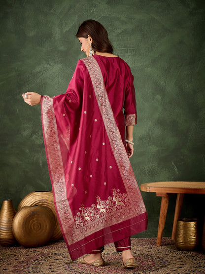 Dhiyona VV Roop Women's Silk Blend Banarasi Jacquard Zari Woven Straight Kurta Pant with Dupatta Set