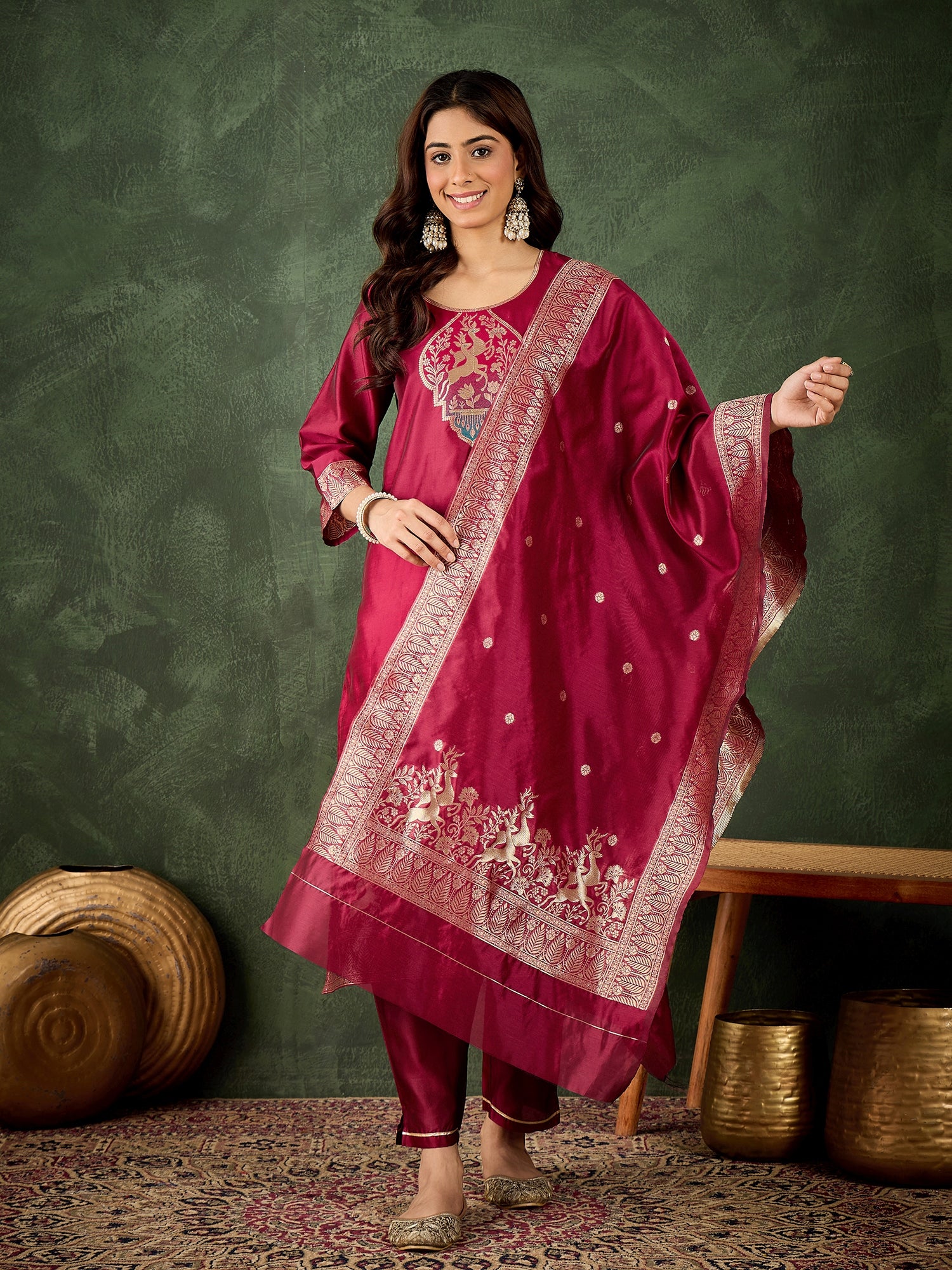 Dhiyona VV Roop Women's Silk Blend Banarasi Jacquard Zari Woven Straight Kurta Pant with Dupatta Set