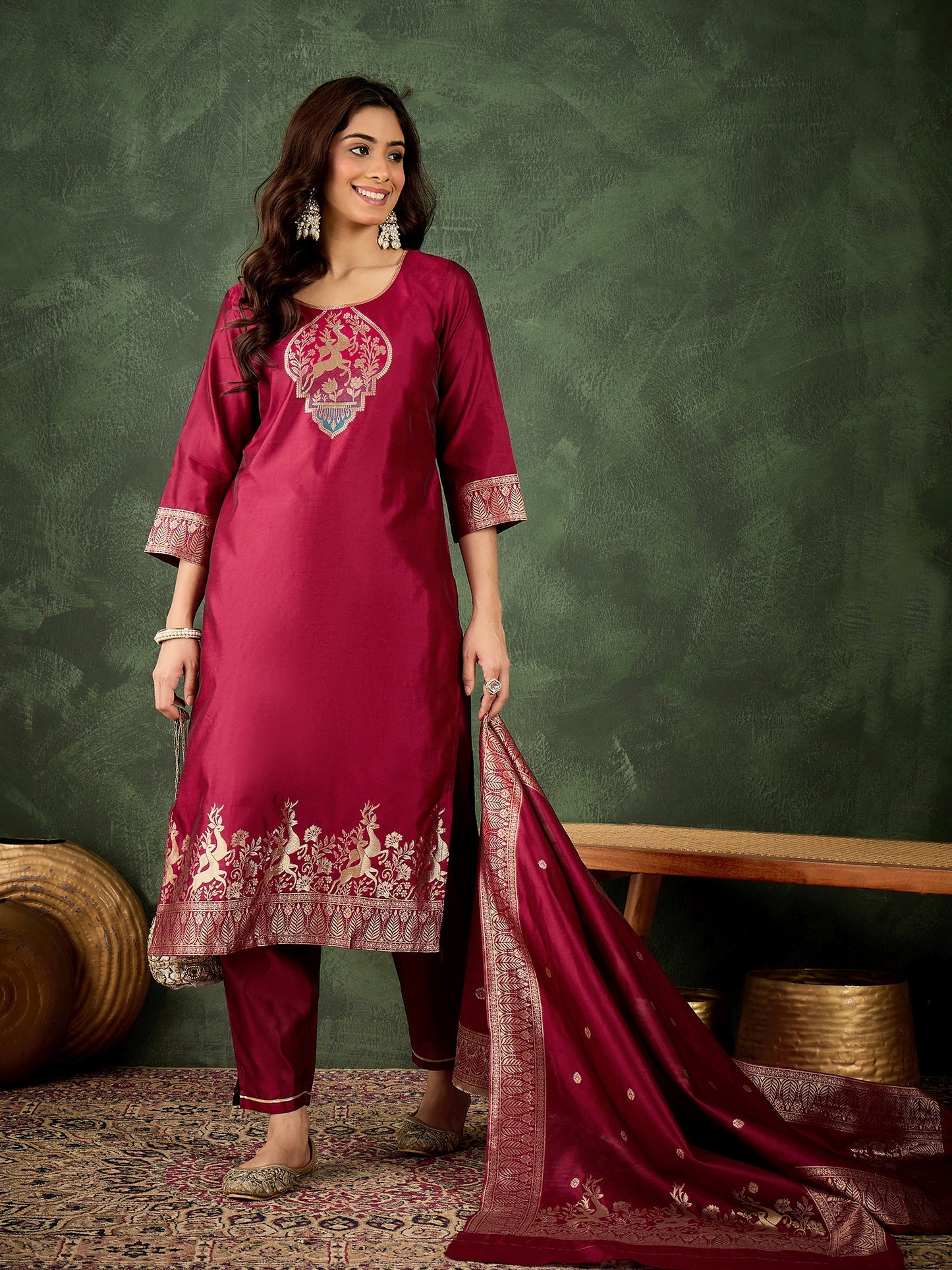 Dhiyona VV Roop Women's Silk Blend Banarasi Jacquard Zari Woven Straight Kurta Pant with Dupatta Set