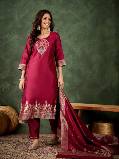 Dhiyona VV Roop Women's Silk Blend Banarasi Jacquard Zari Woven Straight Kurta Pant with Dupatta Set