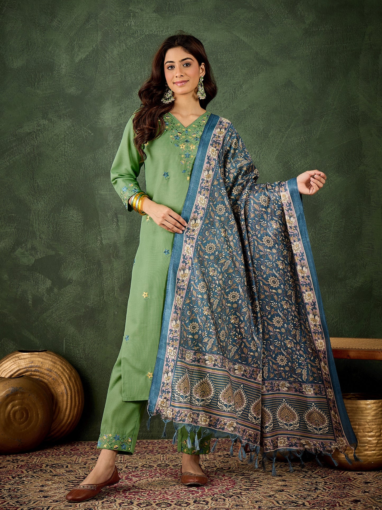 Dhiyona VV Mamata Women's Embroidered Cotton Kurta Pant Set with Dupatta