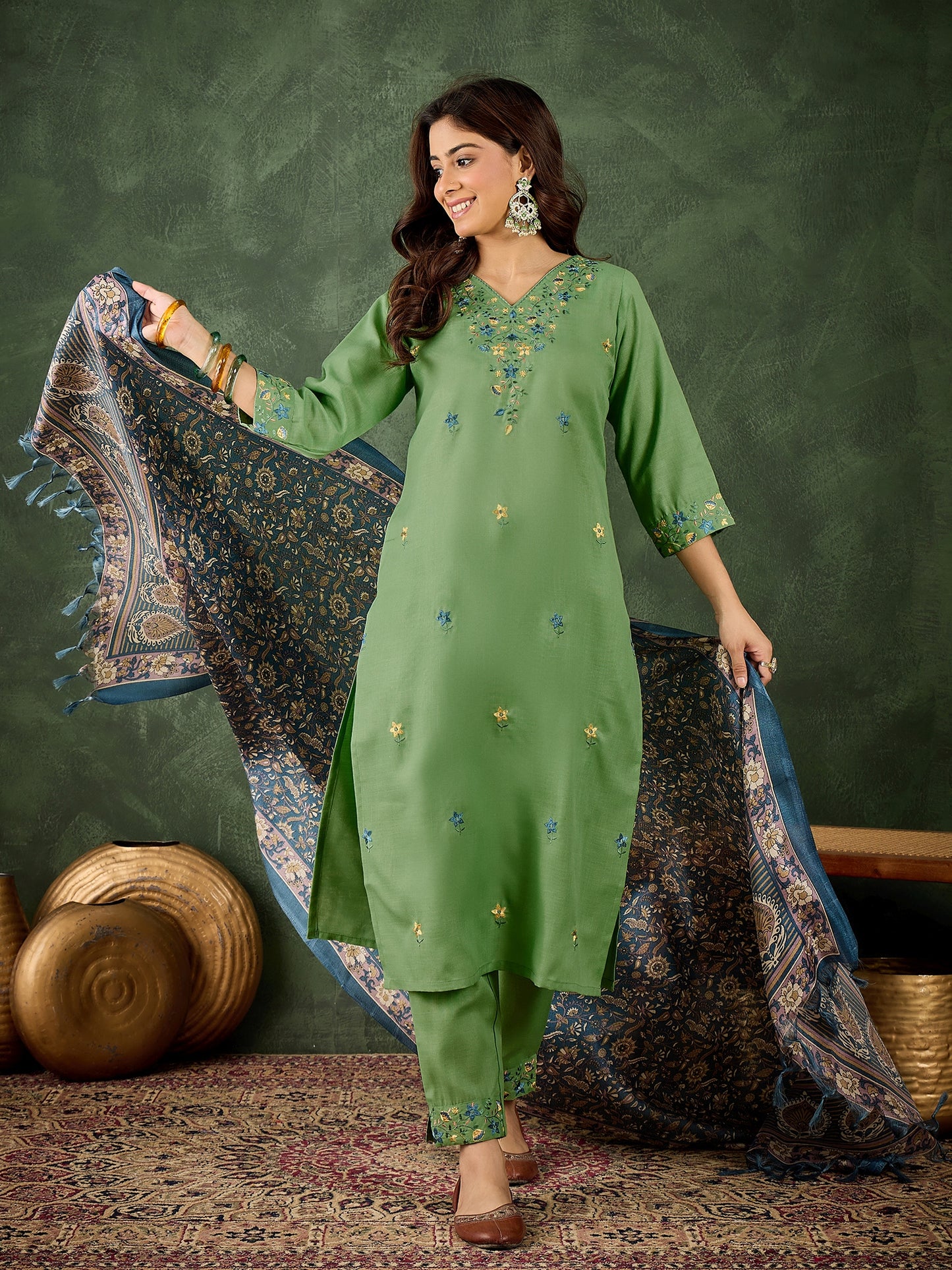 Dhiyona VV Mamata Women's Embroidered Cotton Kurta Pant Set with Dupatta