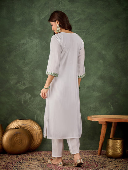 Dhiyona VV Shyamarani Women's Silk Blend Embroidered Straight Kurta & Pant Set