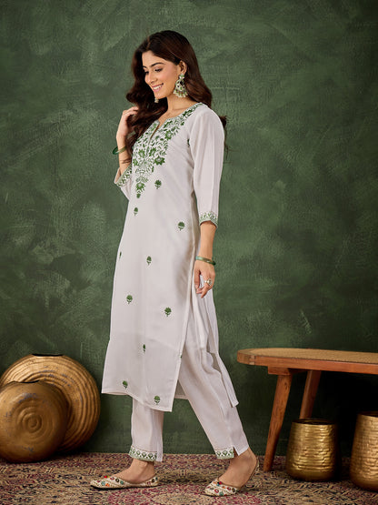 Dhiyona VV Shyamarani Women's Silk Blend Embroidered Straight Kurta & Pant Set