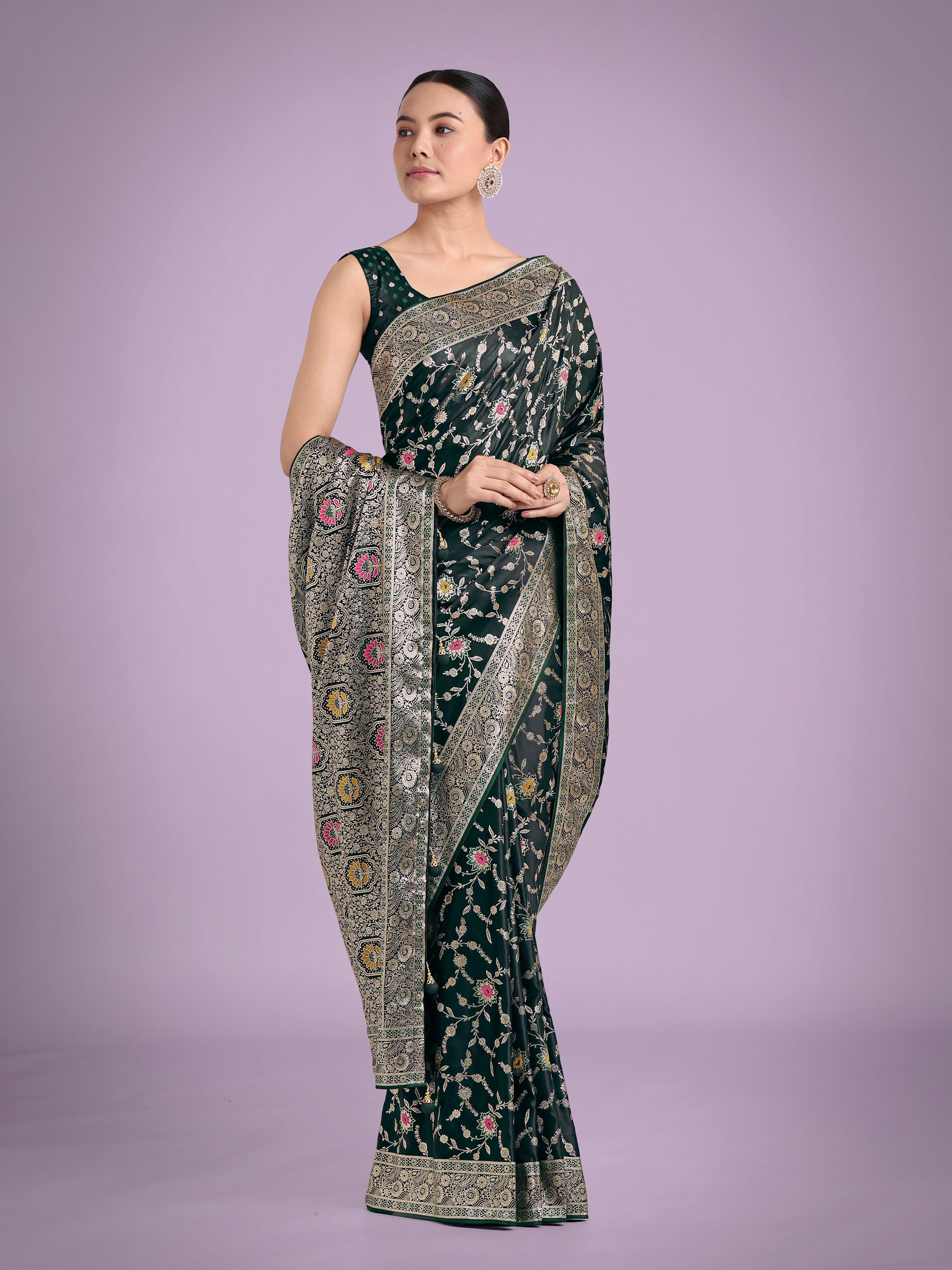 Dhiyona MJ Dark Green Zari Woven Banarasi Classic Satin Silk Saree