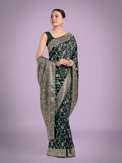 Dhiyona MJ Dark Green Zari Woven Banarasi Classic Satin Silk Saree