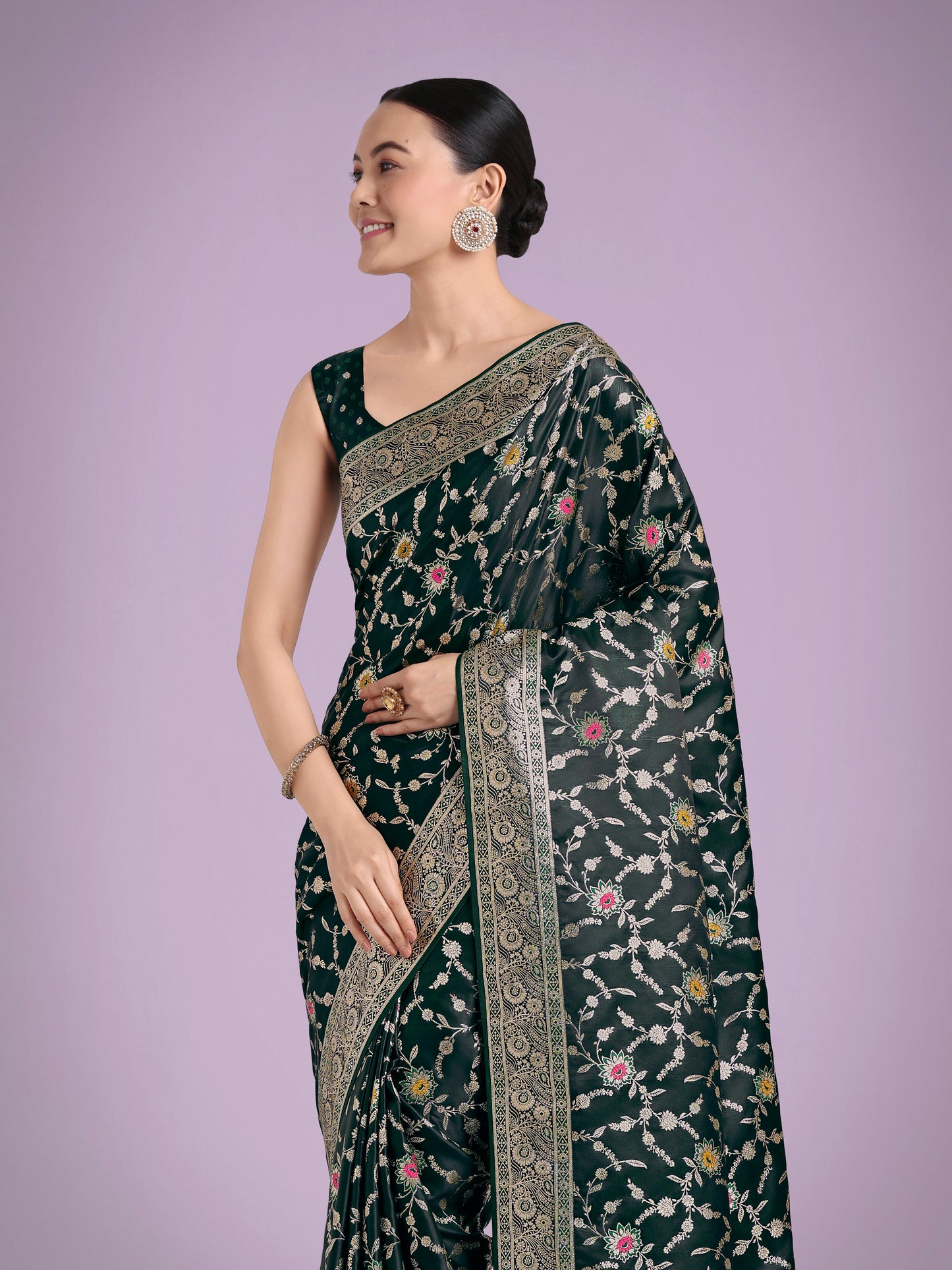 Dhiyona MJ Dark Green Zari Woven Banarasi Classic Satin Silk Saree