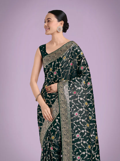 Dhiyona MJ Dark Green Zari Woven Banarasi Classic Satin Silk Saree
